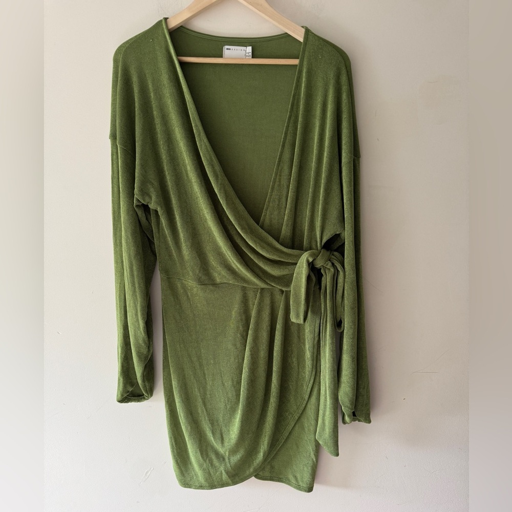 ASOS‎ Green Luxe Long Sleeve Mini Wrap Dress With Side Tie
